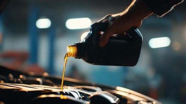 Oil Change: Hand pouring motor oil into car engine. Close-up shot of a person adding engine oil to a vehicle during a routine maintenance check.