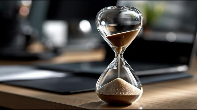 A glass sand timer sits on a desk. The sand is almost gone, and the timer is set to zero. 