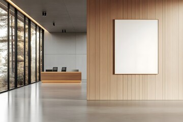Fototapeta premium Clean office entrance with blank frame, wood paneling, concrete floor, reception desk, and seating area. 