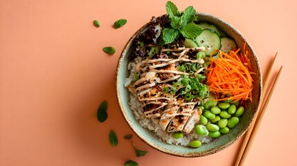Delicious chicken poke bowl with fresh vegetables and rice