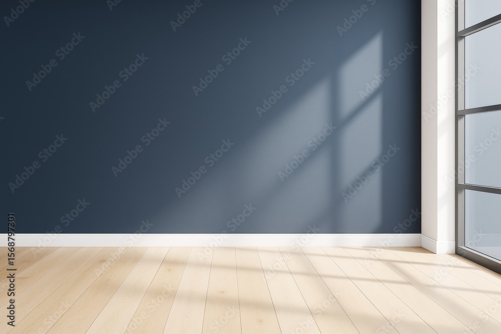 Poster Minimalist modern room with dark blue wall and sunlight streaming through large windows casting shadows on light wooden floor. Ai generative.