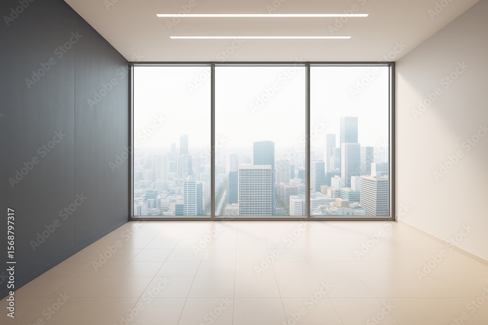 Poster modern empty interior room with large window view of city skyscrapers in soft daylight, showcasing c