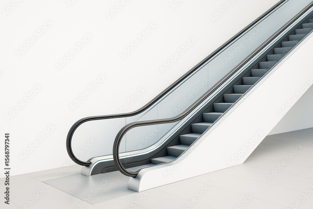 Poster Modern empty escalator in contemporary indoor architecture with clean white background and tiled floor inside a bright minimalist building interior.