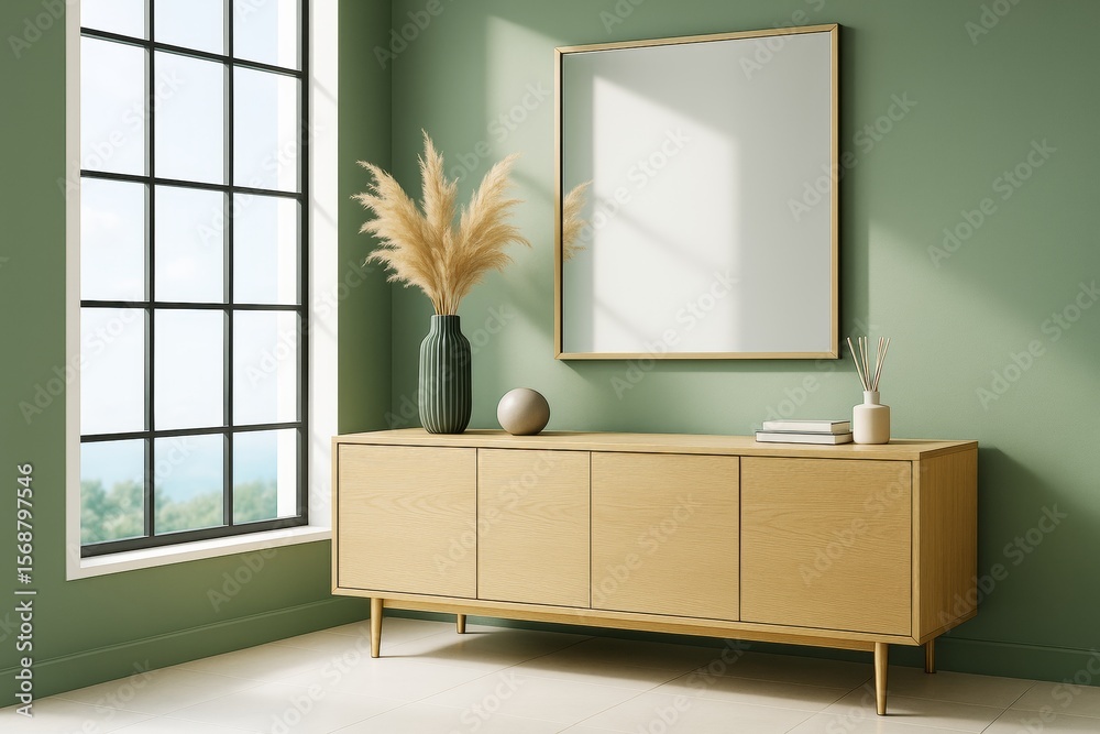 Poster minimalist room with light wood sideboard, green walls, large window and blank picture frame for bra