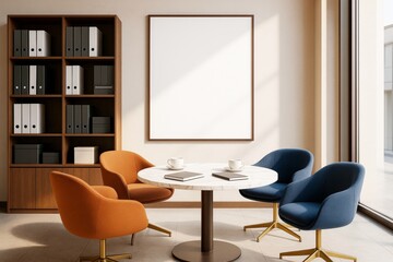 Contemporary office interior with modern chairs, round table, blank poster, and bookshelf in natural light for branding or design presentation concept.