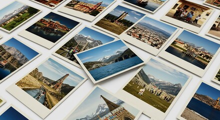 Nostalgic Travel: Array of Vintage-Style Polaroid Prints Featuring Global Landscapes and Landmarks