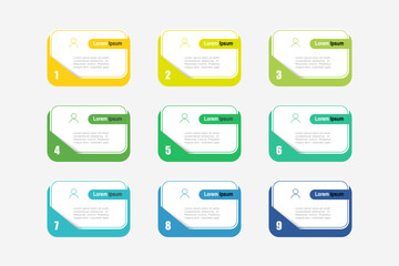 For business concept with 9 steps infographics,  rectangle shape with multicolor label,  design for workflow layout, diagram, annual report, web design. vector