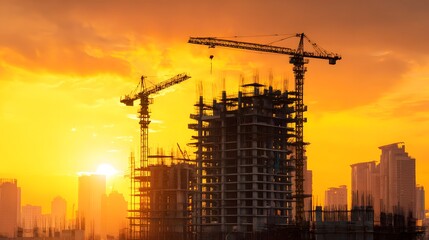 Construction site with cranes at sunset in city development