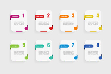 For business concept with 8 steps infographics,  rectangle shape with multicolor label,  design for workflow layout, diagram, annual report, web design. vector