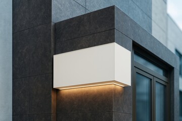 Modern blank lightbox sign on dark stone wall of contemporary building exterior with soft illumination and space for branding or advertisement.