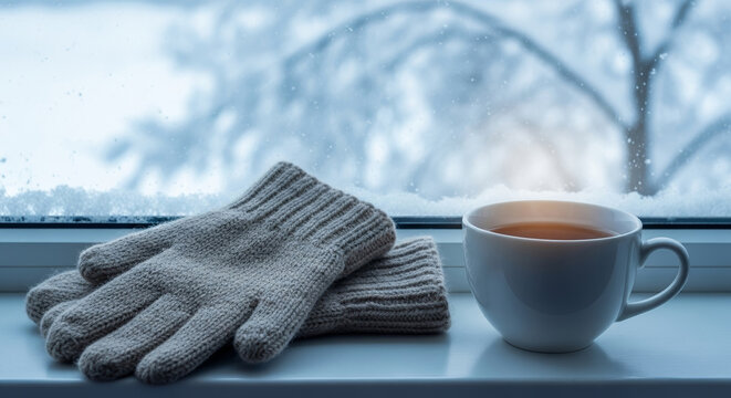Warm gloves and tea on windowsill with snowy background  