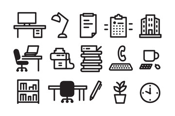 Collection of simple black and white office and business icons