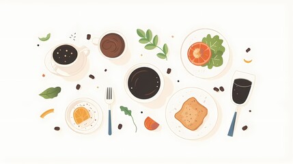 Flat lay illustration of a healthy breakfast with coffee, toast, egg, and salad.  Perfect for menus, blogs, or healthy eating content.