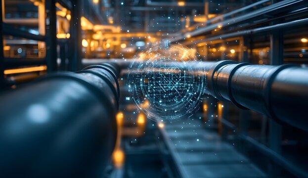 Futuristic industrial pipeline with digital overlays, symbolizing AI in connected spaces and automation tech.
