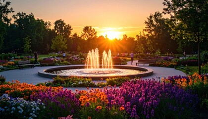 Golden Hour Fountain: Sunset over Vibrant Flower Garden and Park