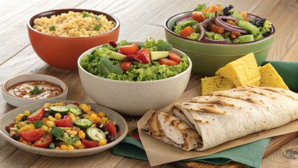 Delicious food spread featuring chicken wrap, fresh salads, grain bowls, corn relish and dipping sauce on a wooden surface.