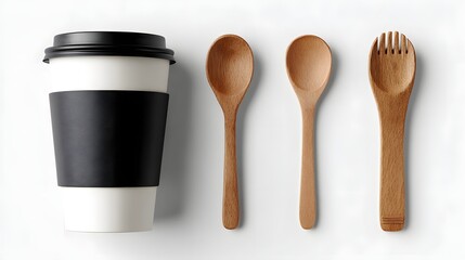 Coffee cup and wooden cutlery, flat lay, sustainable living