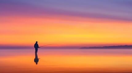 Solitary Fisherman at Sunset, Peaceful Reflection and Serenity