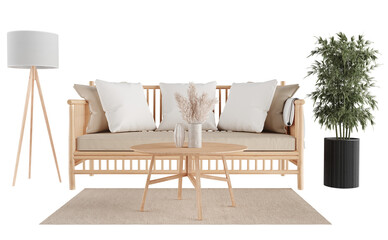Modern Scandinavian Living Room Furniture Set with Sofa, Coffee Table, Floor Lamp and Plant on Transparent Background with Shadow – Interior PNG Cutout for Design Projects