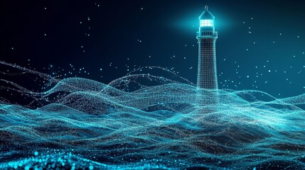An electric digital futuristic lighthouse standing strong in the middle of waves 