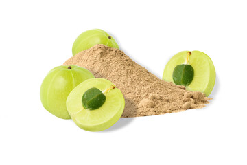 amla powder and fruits isolated on transparent background.