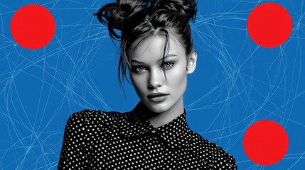 Modern Portrait of a Stylish Woman Against Abstract Blue and Red Geometric Background