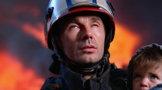 Courage Amidst the Flames: A firefighter, a beacon of bravery, carries a child through the heart of a raging inferno, showcasing selflessness and unwavering dedication in the face of danger.