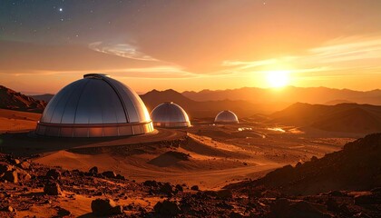 Martian Observatory Domes at Sunrise, Majestic Martian Landscape