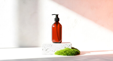An amber glass bottle with pump presents natural skincare products, emphasizing minimalist beauty and organic essence against a bright background.