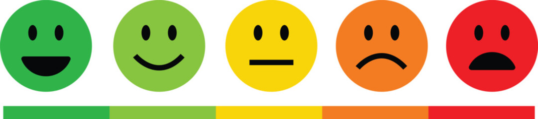 Feedback emoticon flat icon set. Very happy, happy, neutral, sad and very sad emoji. Rating face emoji good to bad customer feedback indicator for survey, reviews, experience and satisfaction.