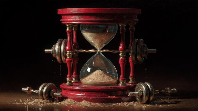 Melting hourglass with sand forming muscular arms, depicting time's paradoxical strength.