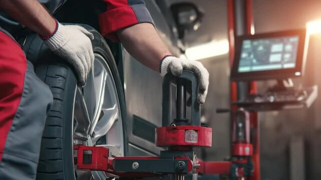 Wheel Alignment Service: A dedicated mechanic expertly adjusts wheel alignment using specialized equipment in automotive service.