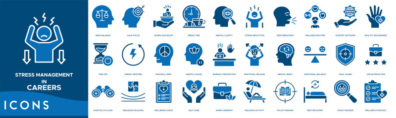 Stress Management in Careers icon set. Mind Balance, Calm Focus, Workload Relief, Break Time, Mental Clarity, Stress Reduction and Deep Breathing