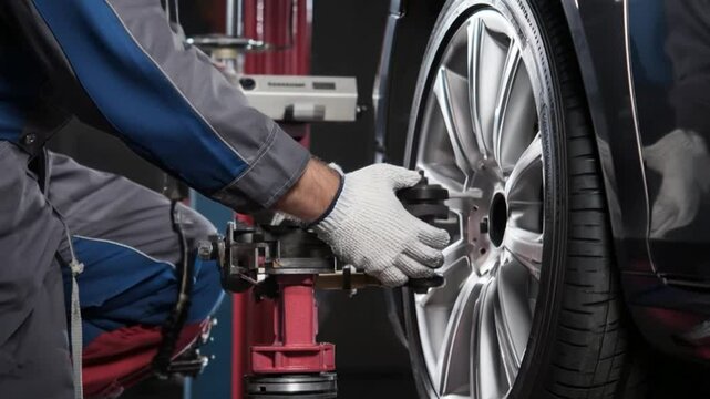 Wheel Alignment and Tire Service: A skilled technician meticulously checks and adjusts a car's wheel, ensuring precision and safety in a modern auto repair shop.