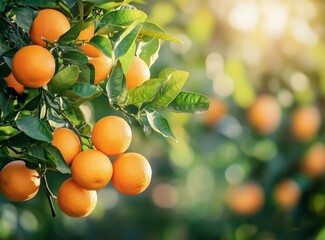Lush orange orchard, ripe citrus fruits hanging from branches