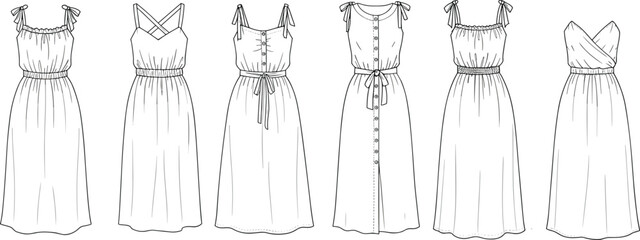 CAD drawing flat vector illustration of women’s summer dresses fashion template, front view, six styles, sleeveless, belted, smocked