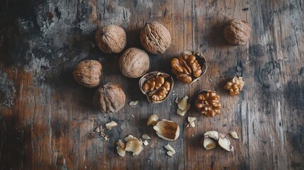 Close up of whole and cracked walnuts on a rustic wooden table with walnut halves and shells...