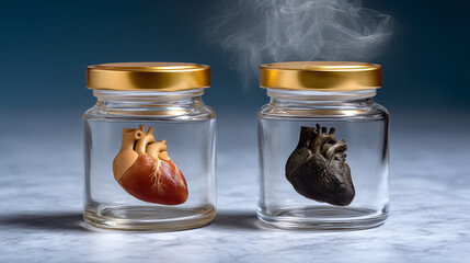 Healthy Heart Versus Diseased Heart in Glass Jar Concept