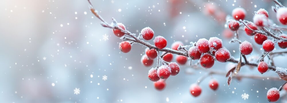 Frozen red berries on a branch in a snowy landscape