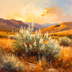 Sagebrush in Desert Landscape, Oil Painting with Warm Muted Tones