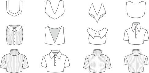 CAD drawing flat vector illustration of women’s tops fashion design template, collars, turtlenecks, ribbed, cropped, sleeveless modern styles