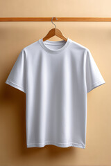 Plain White T-Shirt Hanging on Wooden Hanger Mockup Template