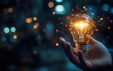 Hand holding glowing lightbulb with network graphic