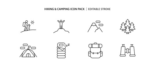 Hiking backpack trail, climbing mountain icon set with camping equipment binoculars, tent, sleeping bag. Recreation journey, outdoor activities at wilderness forest. Adventure travelling outline icons