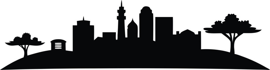 Savannah skyline silhouette, Nairobi skyline silhouette with giraffe and savanna elements, iconic African urban landscape at dusk