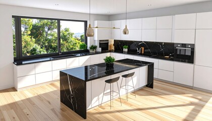 Modern Kitchen Design: Sunlit Luxury with Black Marble Island and Verdant View