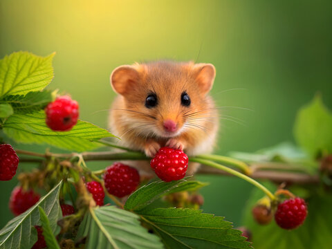 Adorable dormouse nibbling on a ripe red raspberry in a sunlit garden ai generated