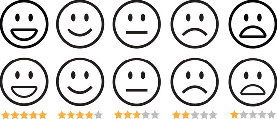 Feedback emoticon black outline icon set. Very happy, happy, neutral, sad and very sad emoji. Rating face with star good to bad customer feedback indicator for survey, review, experience, satisfaction