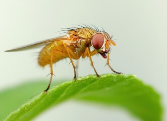 Close-up of a small, orange-yellow fly on a green leaf