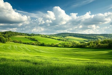 Obraz premium Scenic green rolling hills under blue sky with fluffy clouds, perfect for nature backgrounds, peaceful landscapes, and environmental concepts